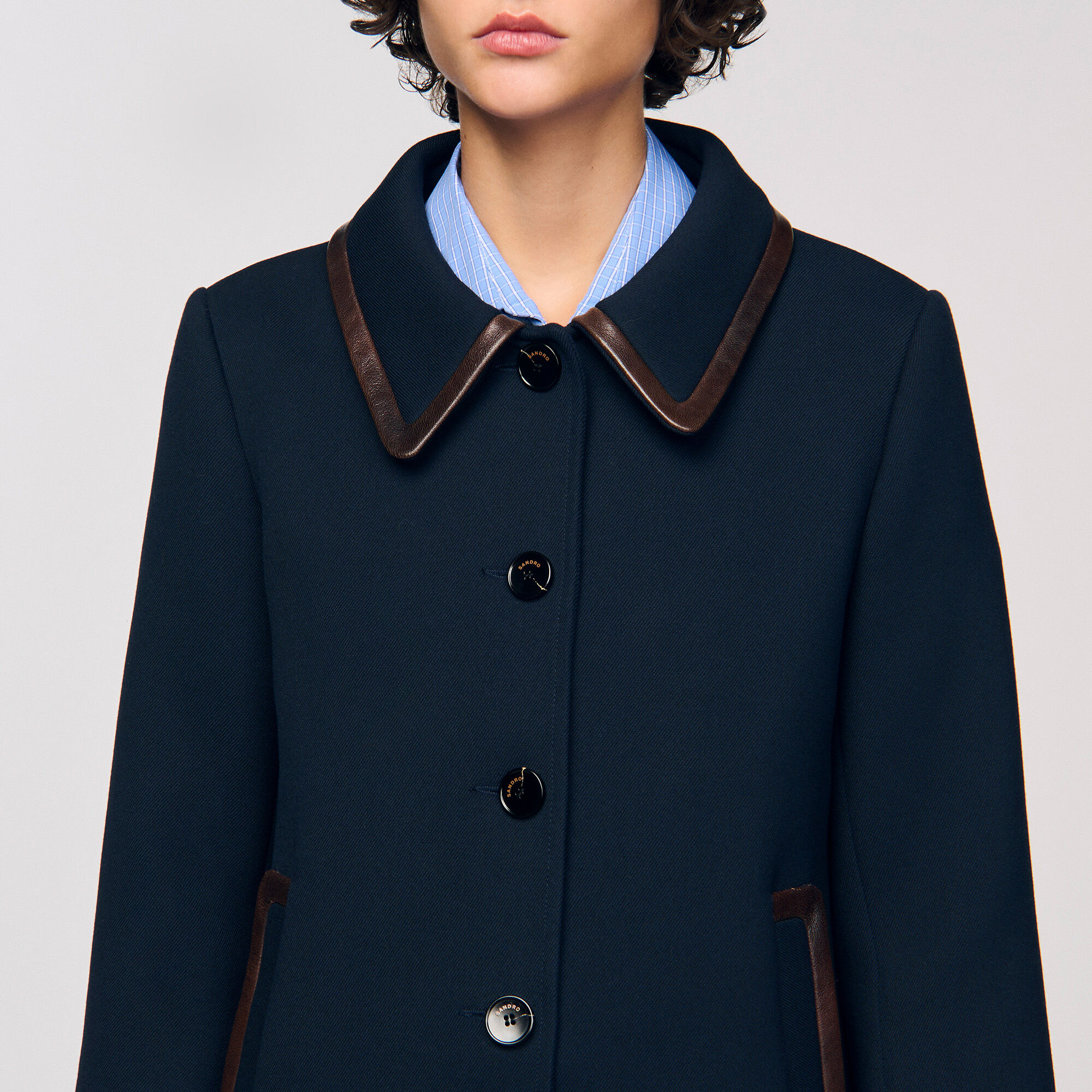 Leather trim coat blue For Women | Sandro Paris