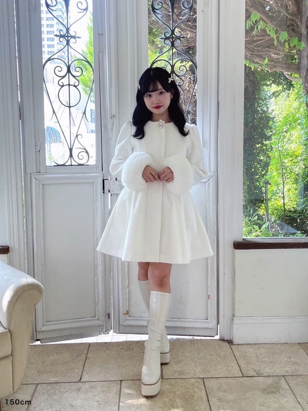 evelynビジューコート2022リボンティペット付きホワイト白 Aライン