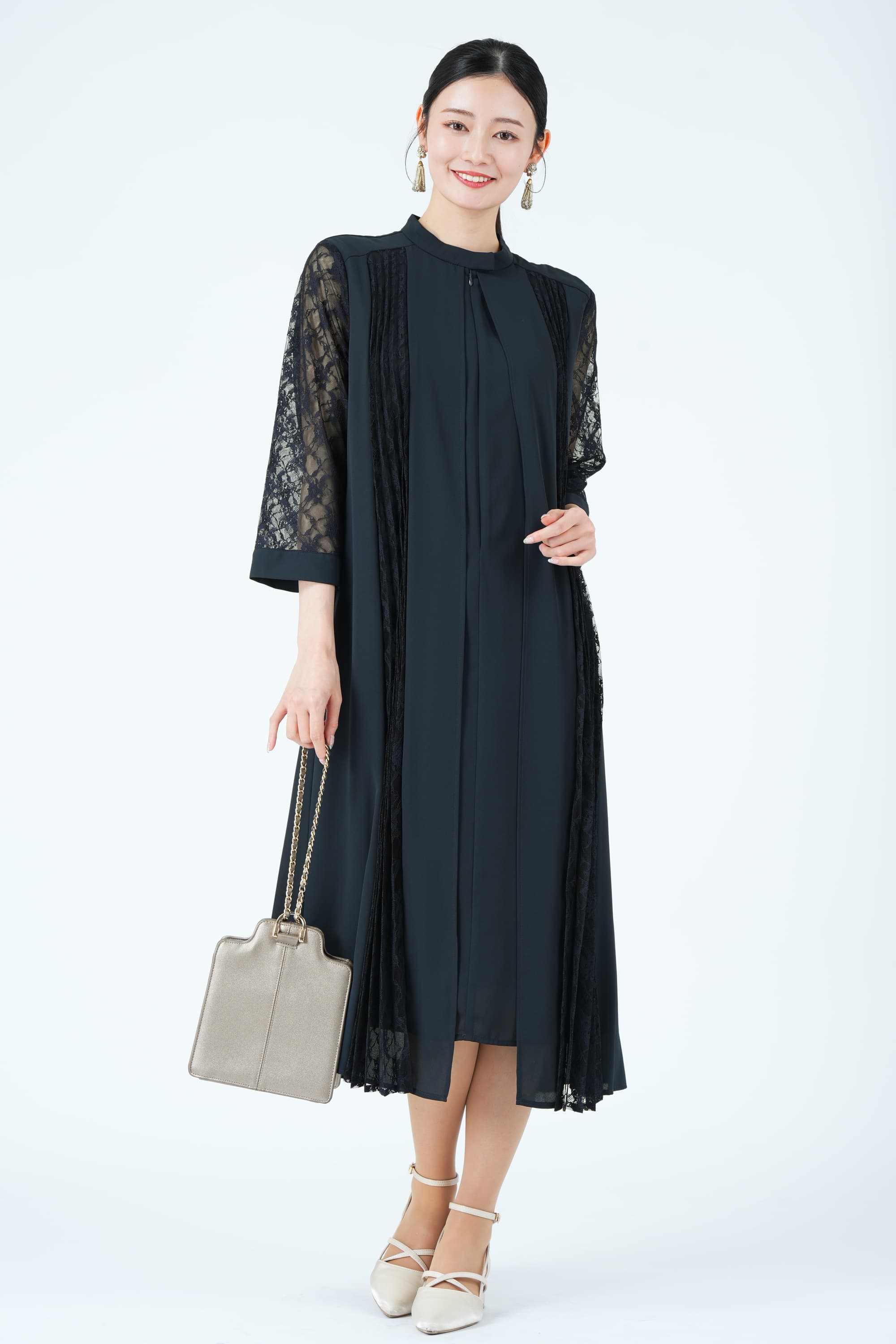 Jolie et Jolie フロントレース縦ラインスタンドカラーネイビードレス