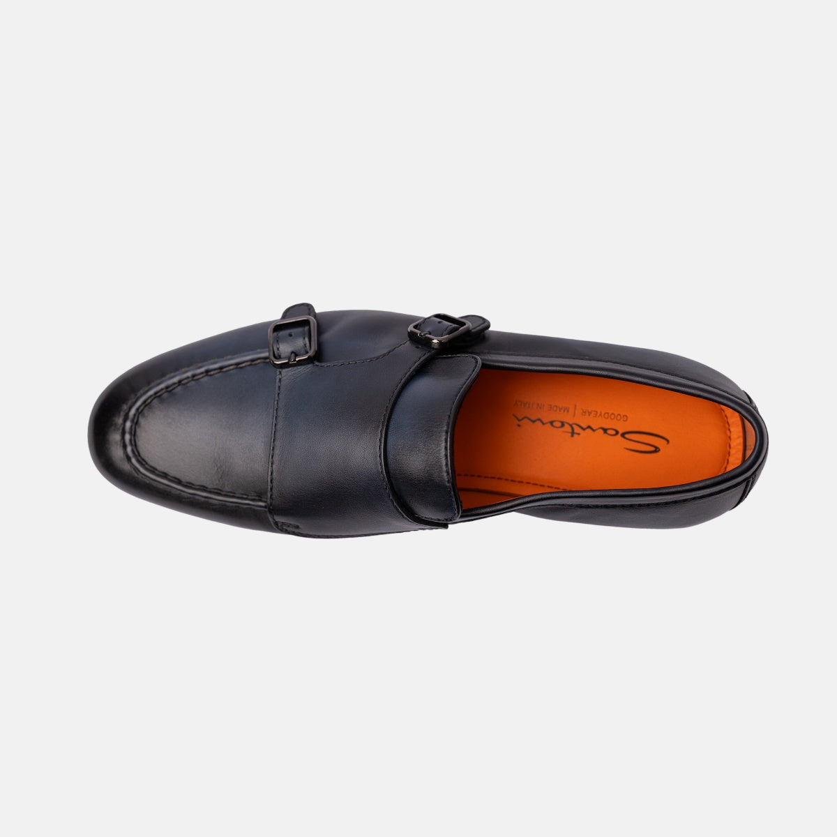Santoni double buckle dark blue leather loafer