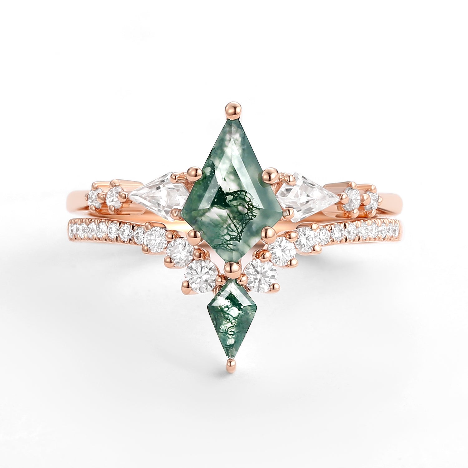 Twin Flames - Women Kite Moss Agate Wedding Ring Sets 2pcs