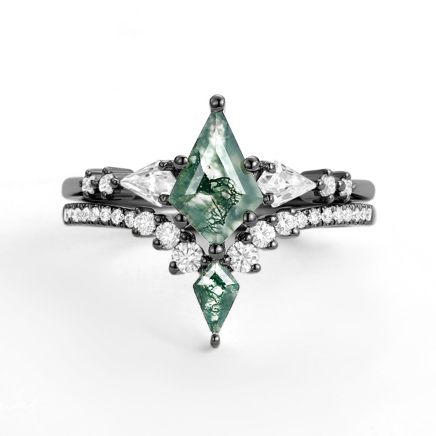 Twin Flames - Women Kite Moss Agate Wedding Ring Sets 2pcs