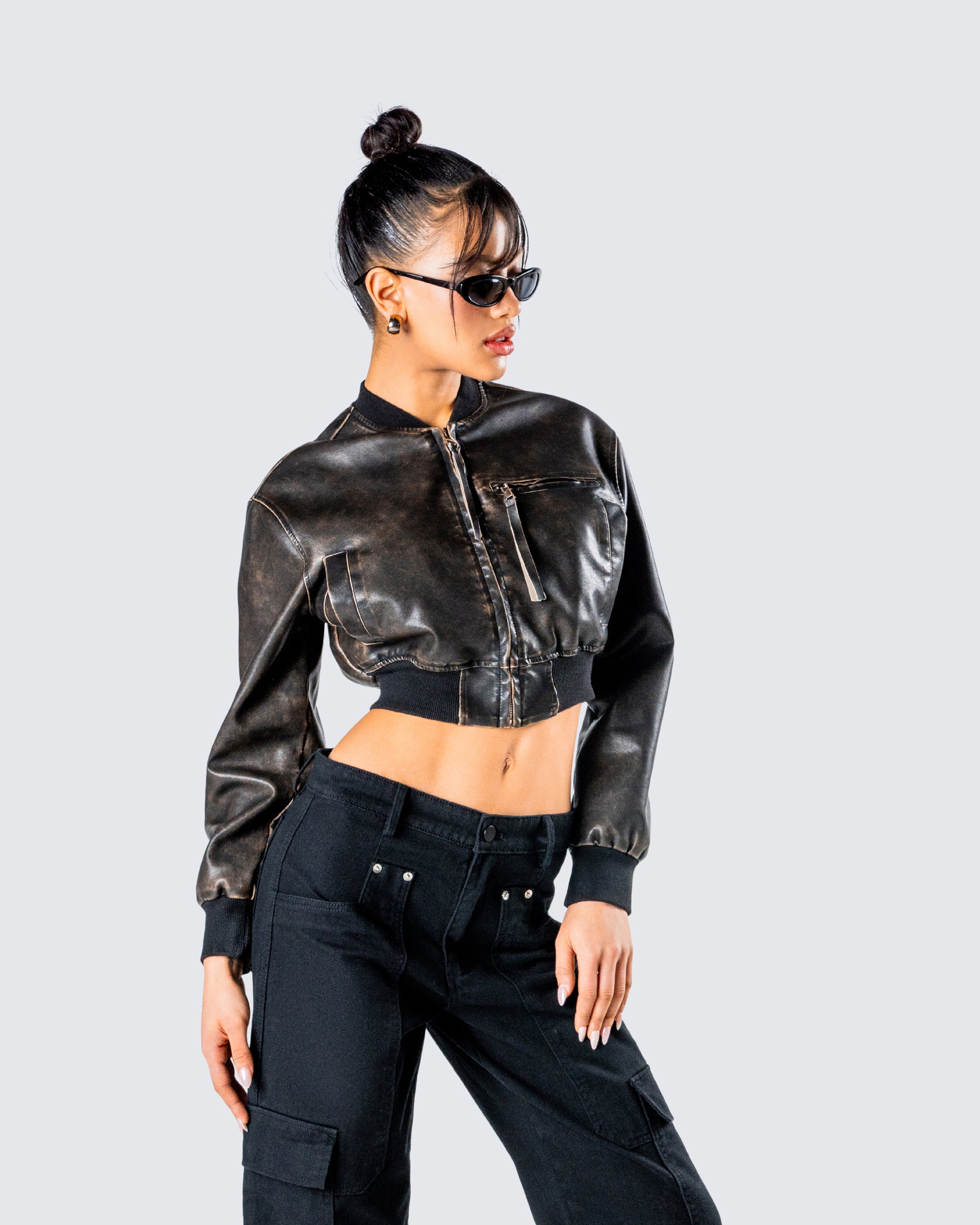 Ada Black Faux Leather Crop Jacket – FINESSE