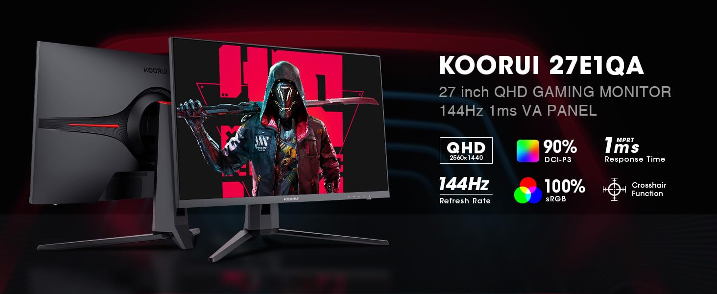 KOORUI 27 Inch Gaming Monitor 1440p, 144 Hz, VA, 1ms