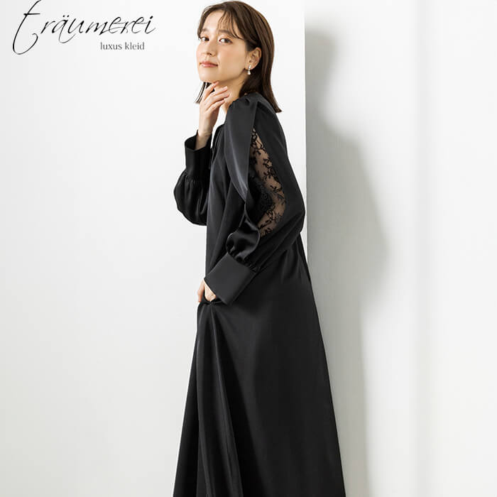 WEB限定｜袖スリットテントラインドレス 9号・ブラック｜東京ソワール