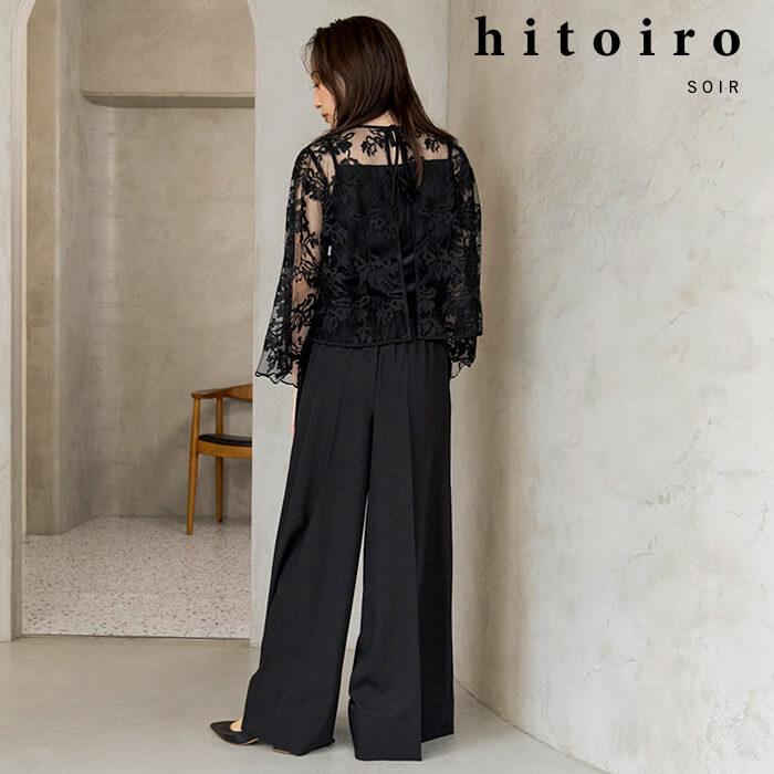 レースブラウスとワイドパンツのセットアップ 9号・ブラック｜東京