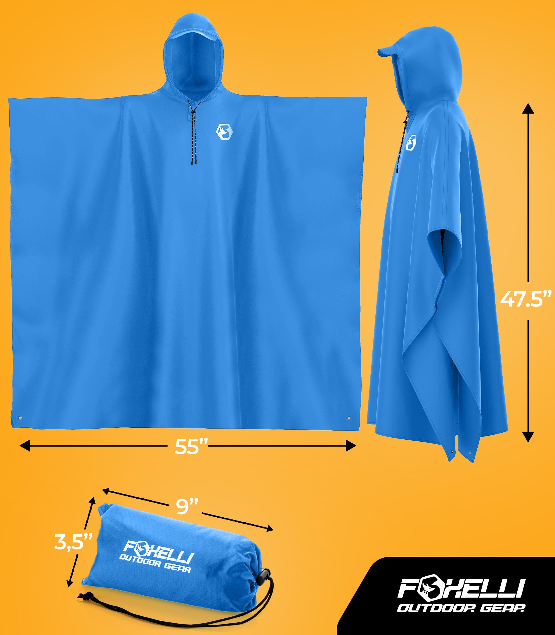Foxelli Hooded Reusable Rain Poncho - Blue