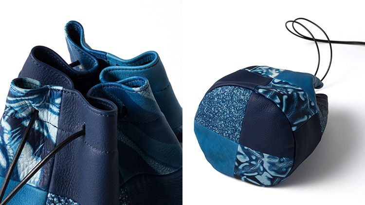 池之端銀革店】Cramp×SUKUMO Leather 藍染めパッチワーク巾着ポーチ