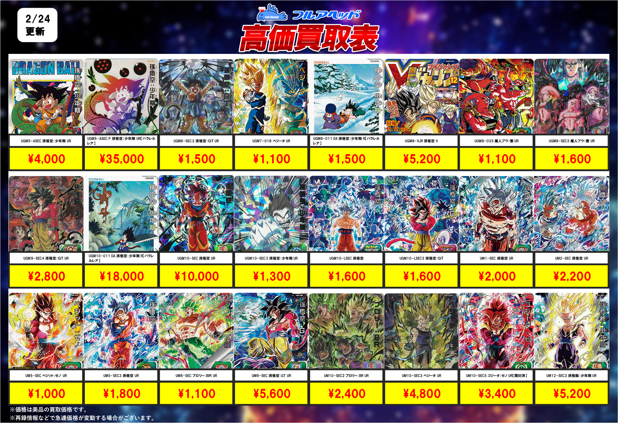 スーパードラゴンボールヒーローズ – 【フルアヘッド】高価買取表