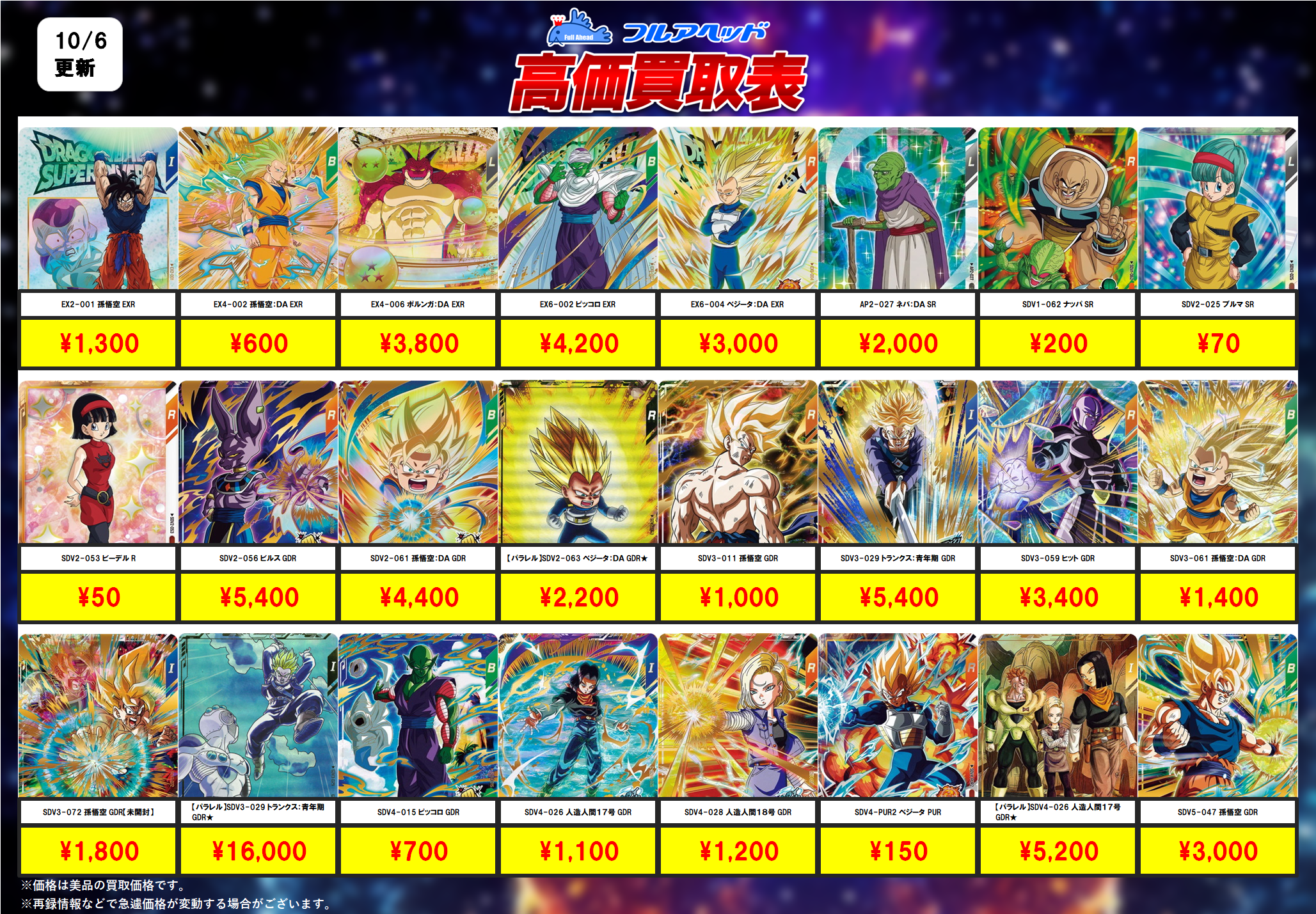 ドラゴンボールダイバーズ】買取表、販売価格の調整を行いました！