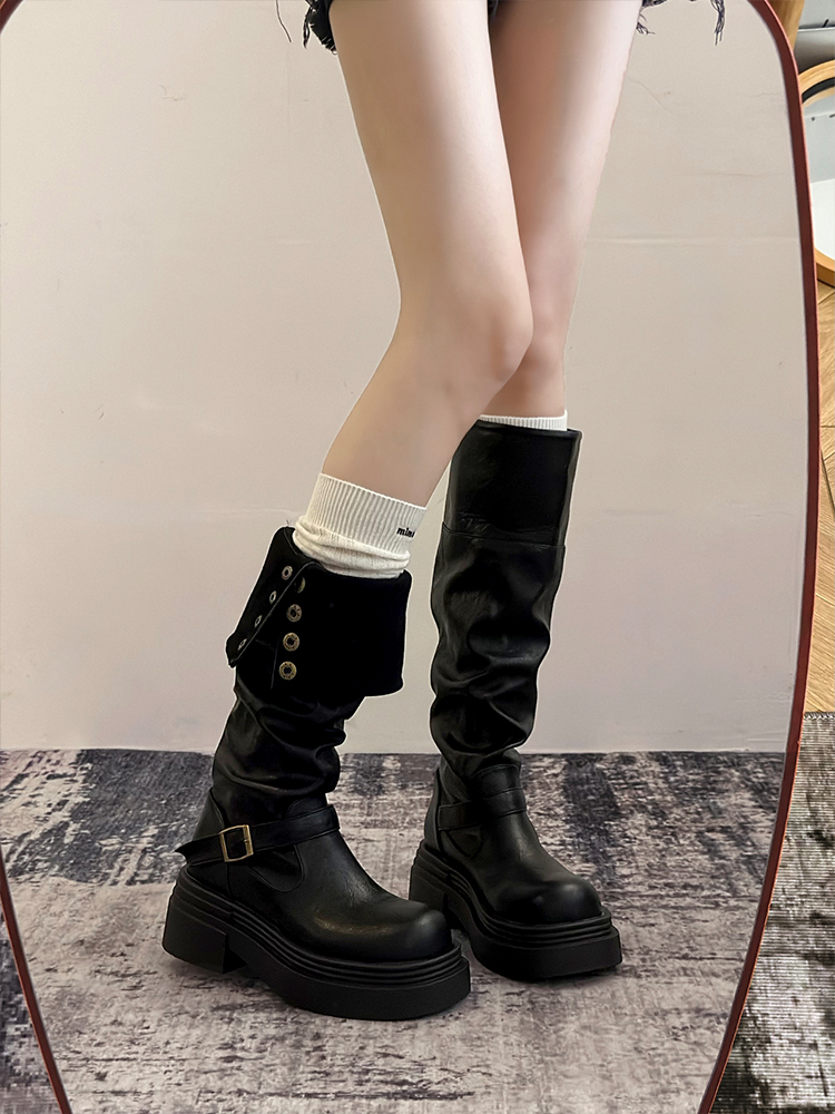 バイクブーツ 折り返しデザイン厚底ロングブーツ ロング ブーツ|バイク
