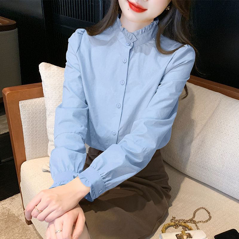 フリルブラウス 上品な立ち襟フリル付き長袖シャツ 首元 フリル|フリル