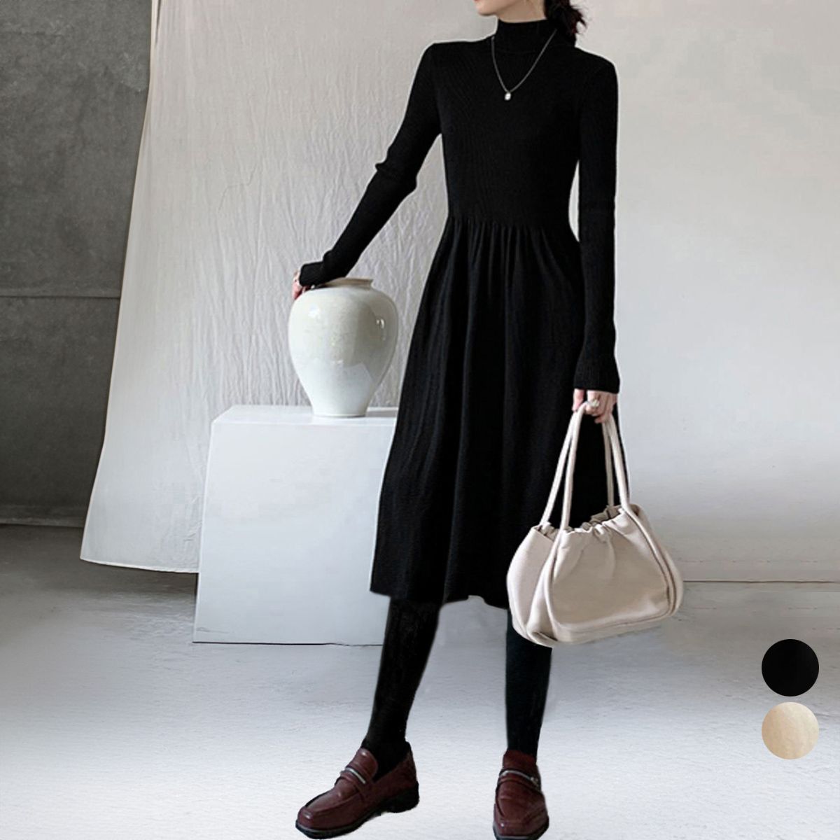 フォーマルカジュアル 通勤用ハイネック膝下丈ニットワンピース 通勤用