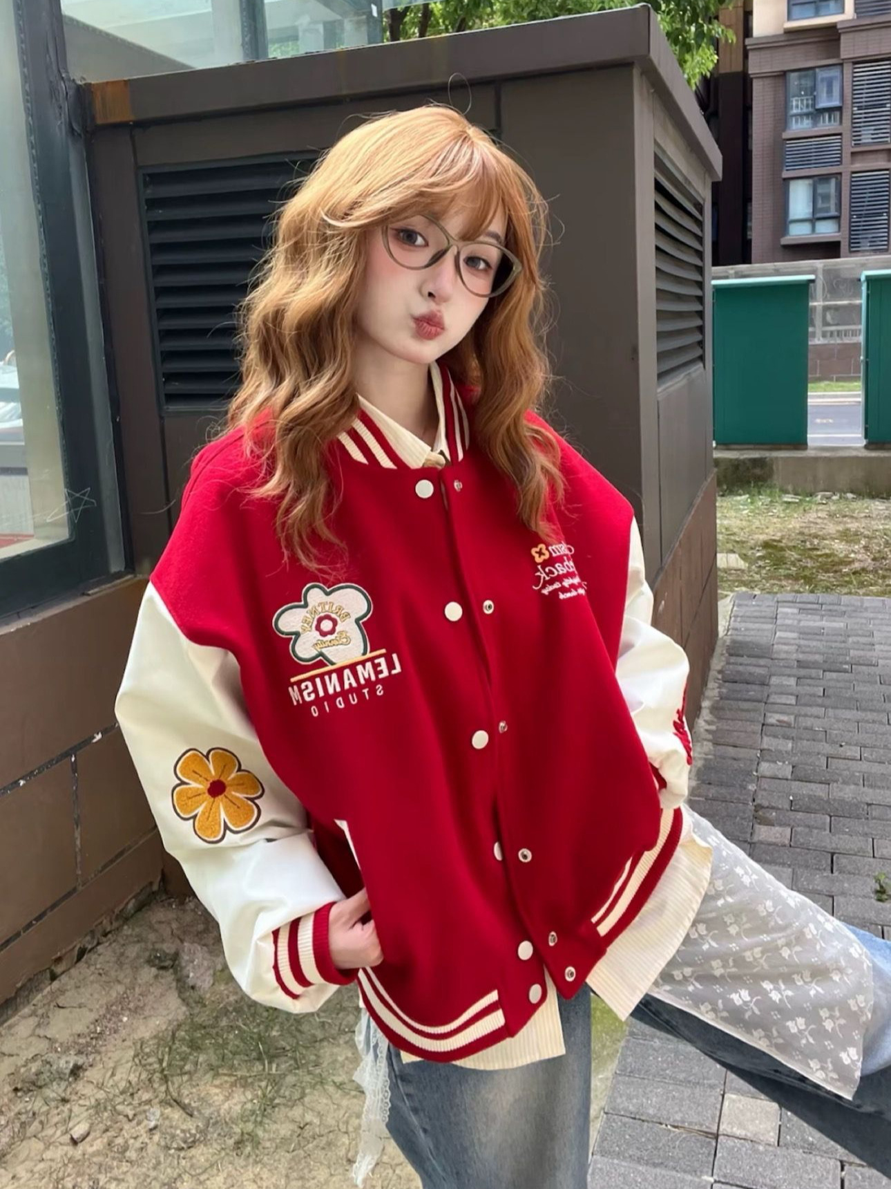 スタジャン 花柄刺繍入り配色袖スタジアムジャンパー 赤 赤|スタジャン