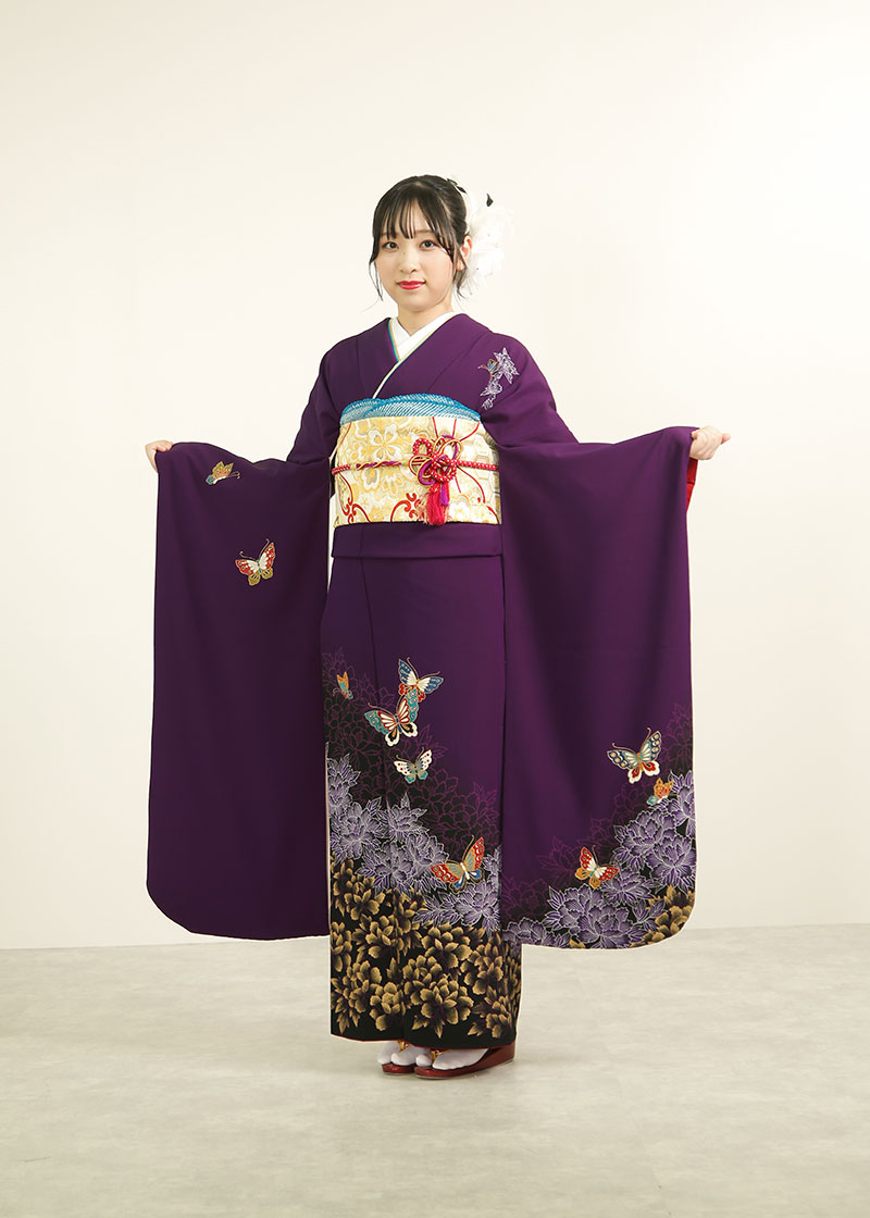 4796 振袖6点フルセット 成人式卒業式結婚式 ふりそで 紫 正絹 胡蝶欄