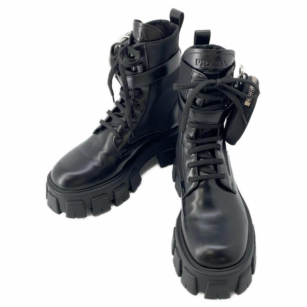 プラダ ブーツ モノリス ポーチ付 レザー Re-Nylon コンバットブーツ
