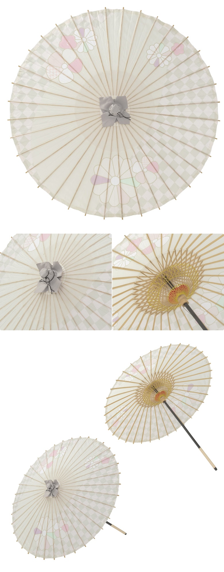 布和傘 ポリ くすみ 菊と梅/市松 直径70×75cm 継ぎ金具有 中国製