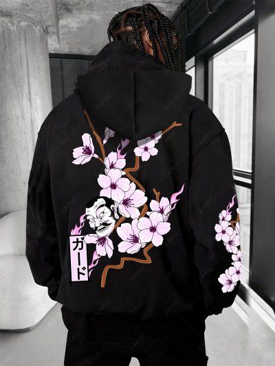 Men's Japanese Sakura Mask Pattern Fuzzy Fleece-lined Kangaroo