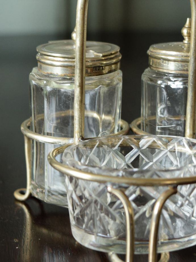 英国アンティークの調味料入れ、ガラス✕シルバープレートのスパイス