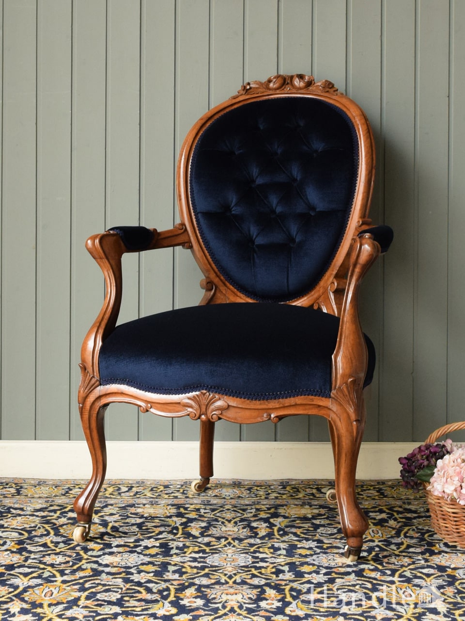 オシャレなアンティーク椅子、シマシマ模様のバスケットチェア(q-122-c