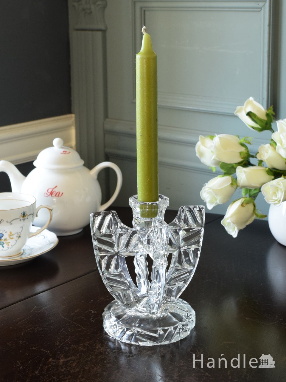 アンティークガラスのキャンドルスタンド、プレスドグラスのろうそく
