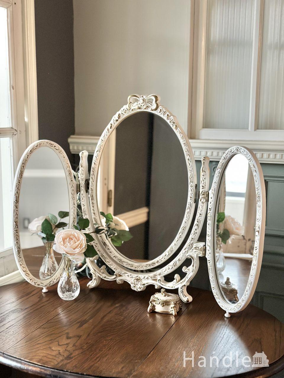 イギリスから届いたアンティークミラー、縁取りが美しい丸型の壁付けの