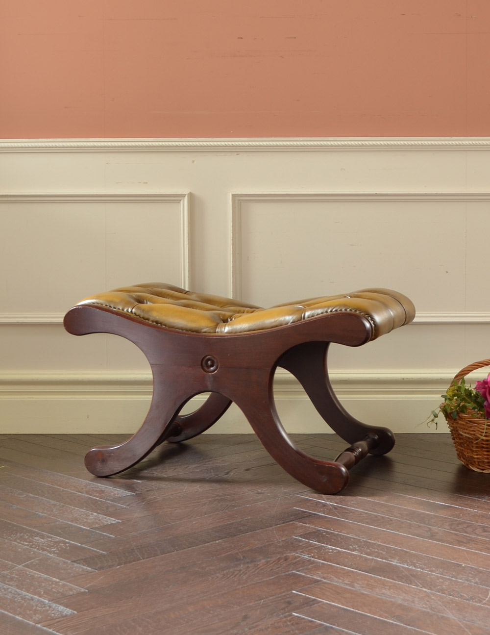 英国アンティークスツール、革張りのオットマン（足置き）(k-932-c