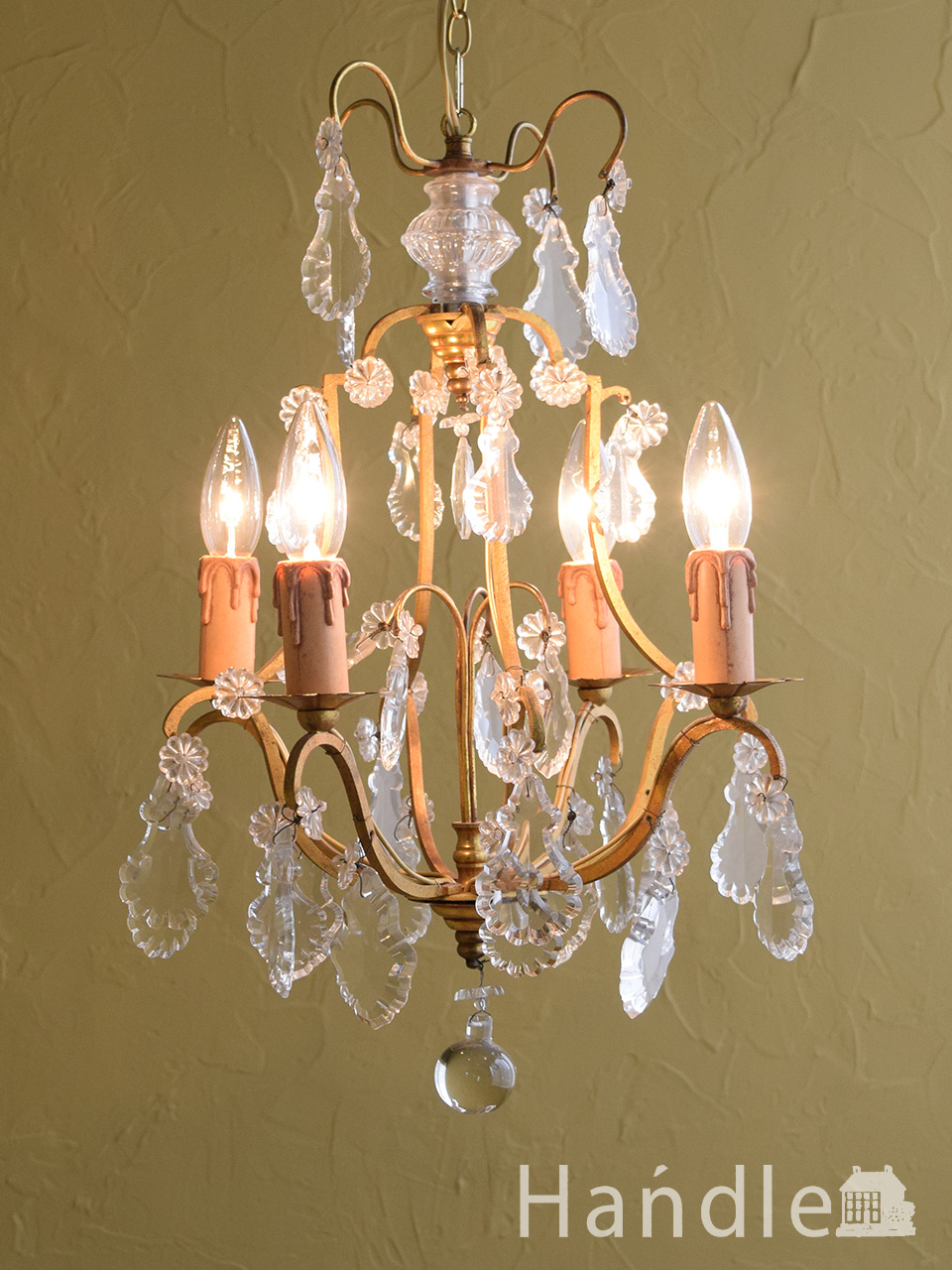 イギリスのアンティークシャンデリア、真鍮製の照明(6灯)（E17