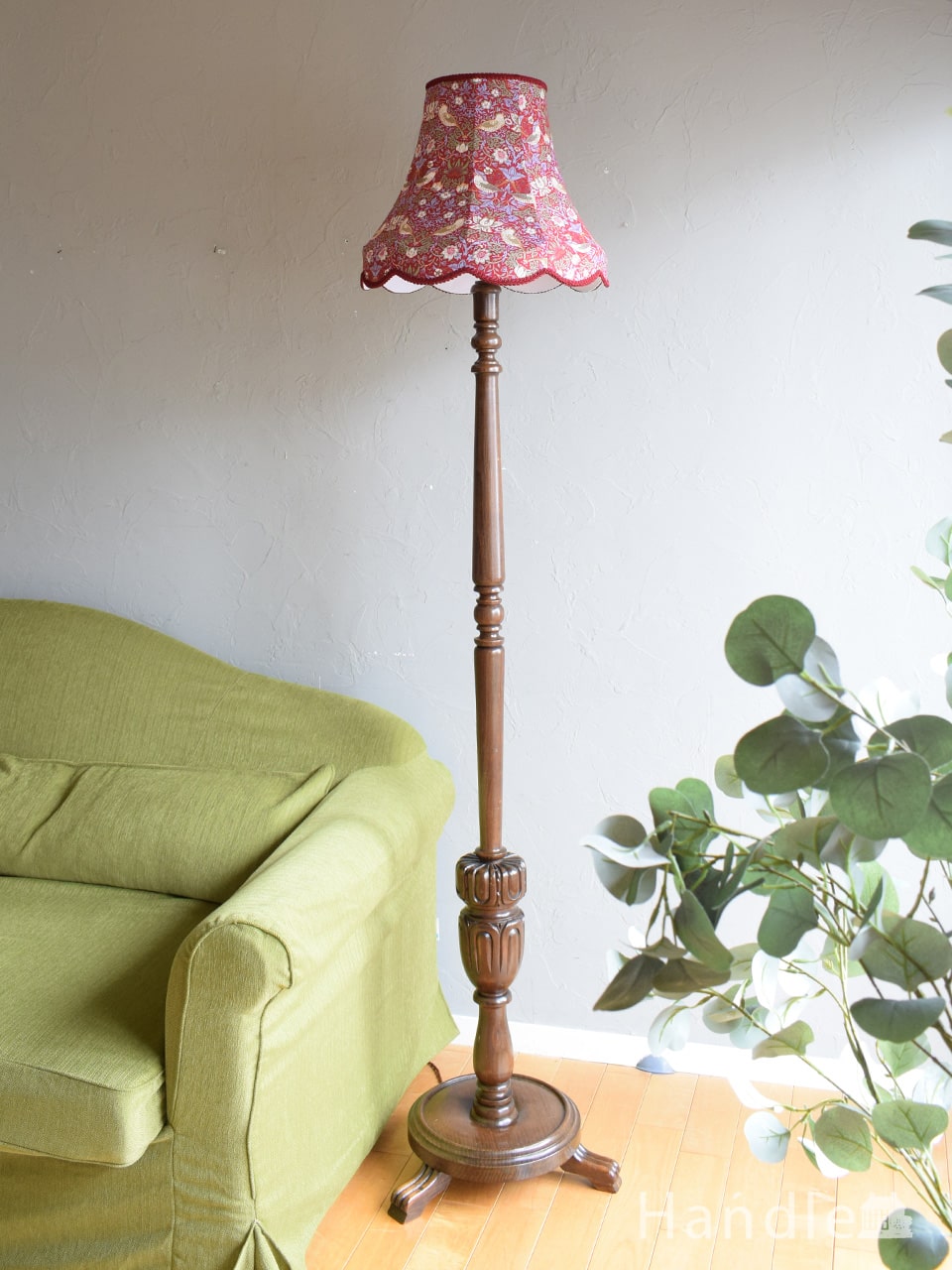 イギリスのアンティークスタンド照明、布シェードのフロアランプ(k