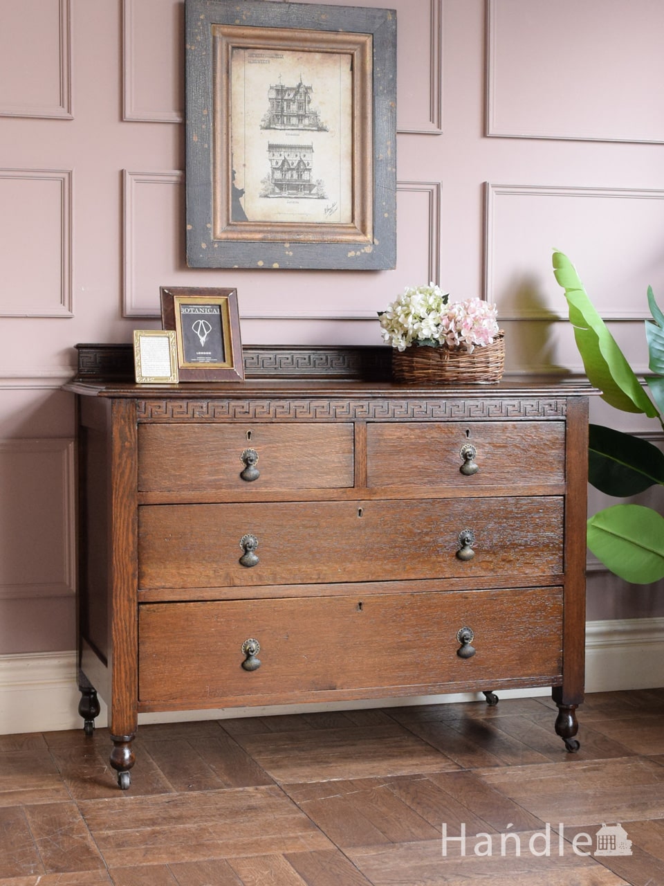 高級材を贅沢に使用したアンティーク家具、トールボーイ6段チェスト(k