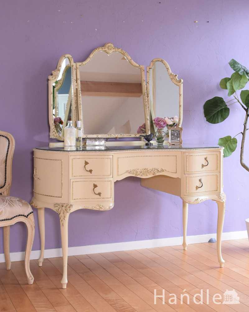 三面鏡の付いた優雅なアンティークドレッシングテーブル（鏡台）(k