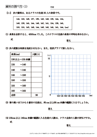 小学6年生の算数 【資料の調べ方｜度数分布表・柱状グラフ】 練習問題
