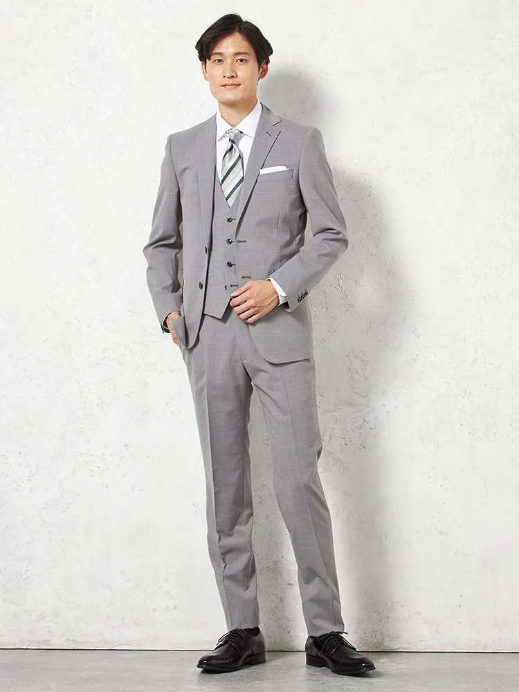 ウォッシャブル】スリーピーススーツ 2つボタン ウール混 ノータック