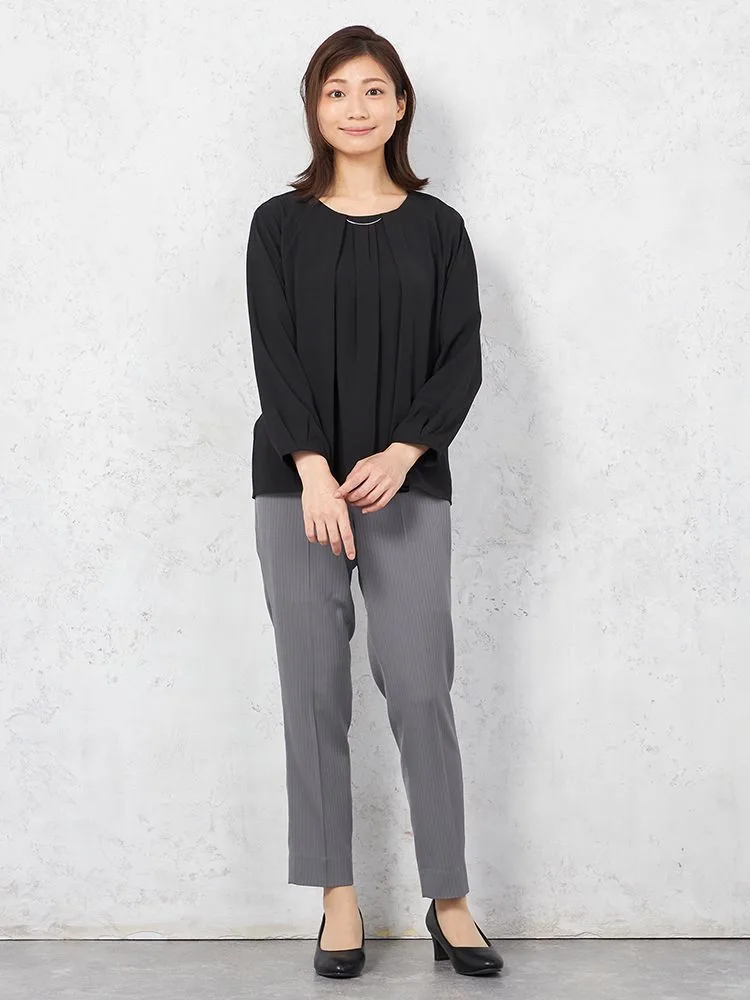 ブラック 【裏地つき】ブラウス 長袖 二枚重ね 取り外しバー付 タック