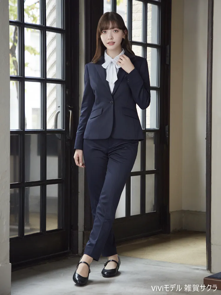 ウォッシャブル】パンツ ストレート ニット ストレッチ ネイビー