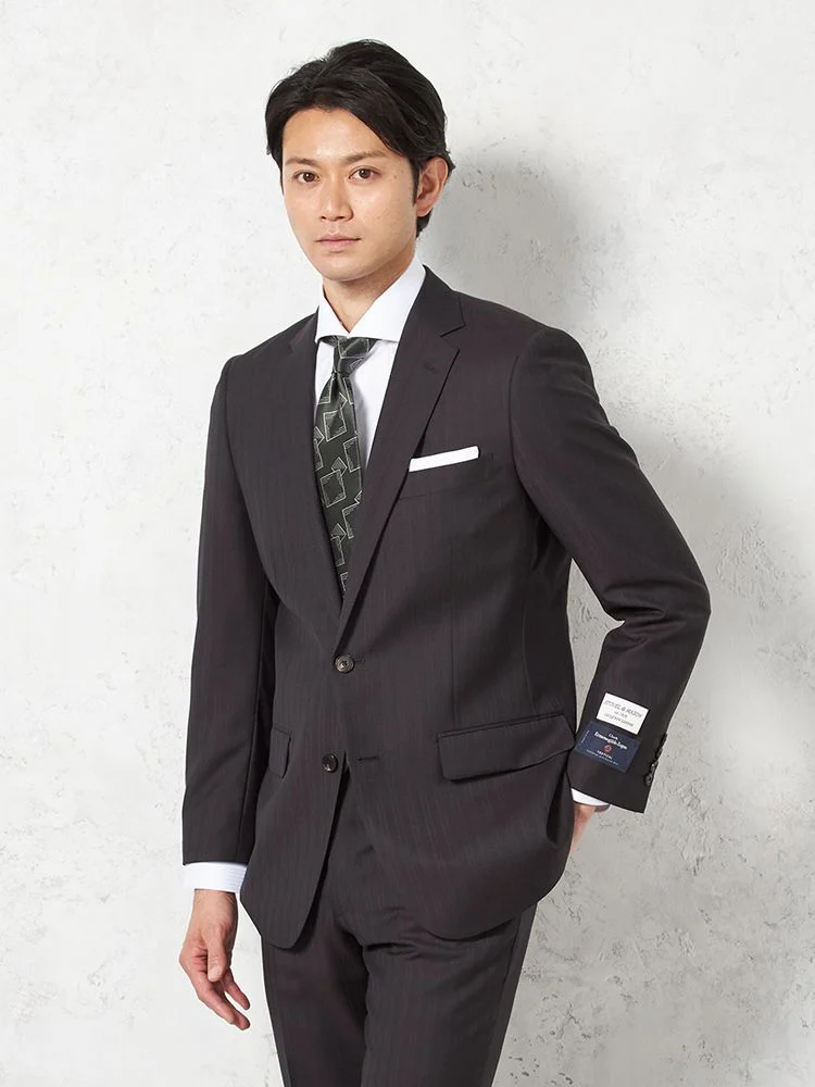 D．ブラウン 【ウール100％】スーツ 2つボタン Zegna生地 裏地