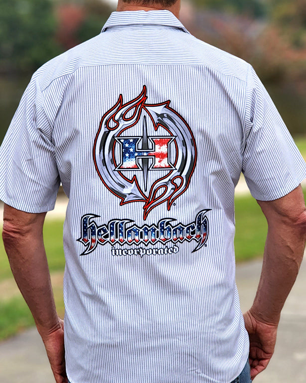 Hellanbach Inc. 3D Patch on Red Kap Industrial Work Shirt.