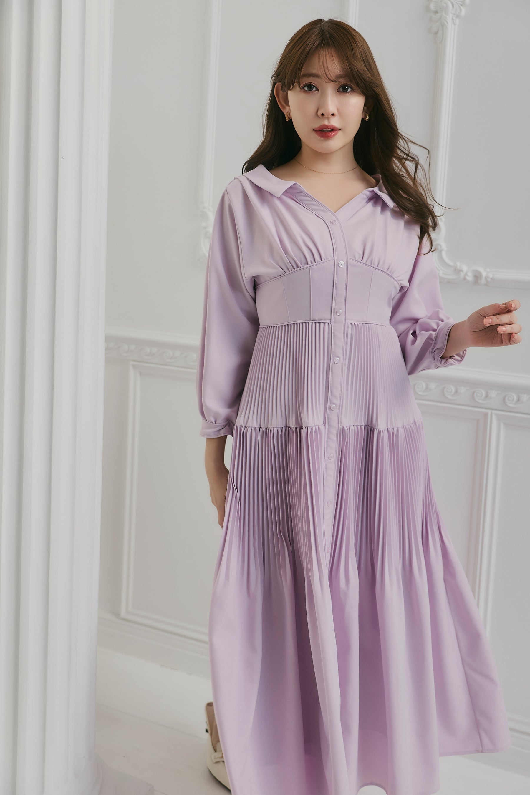 新色】Pleated Open Shirt Dress