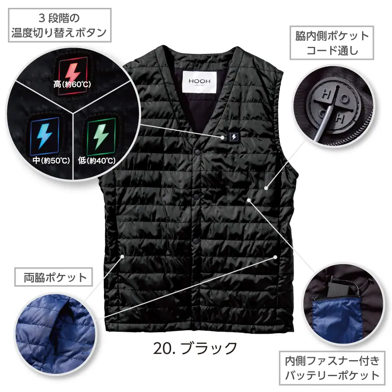 1077 インナーヒートベスト(衿なし) 衿なしの洗える大きいサイズ対応