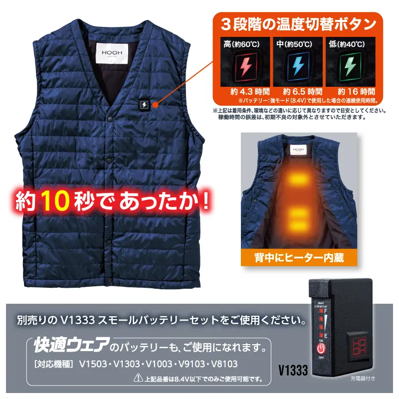 1077 インナーヒートベスト(衿なし) 衿なしの洗える大きいサイズ対応