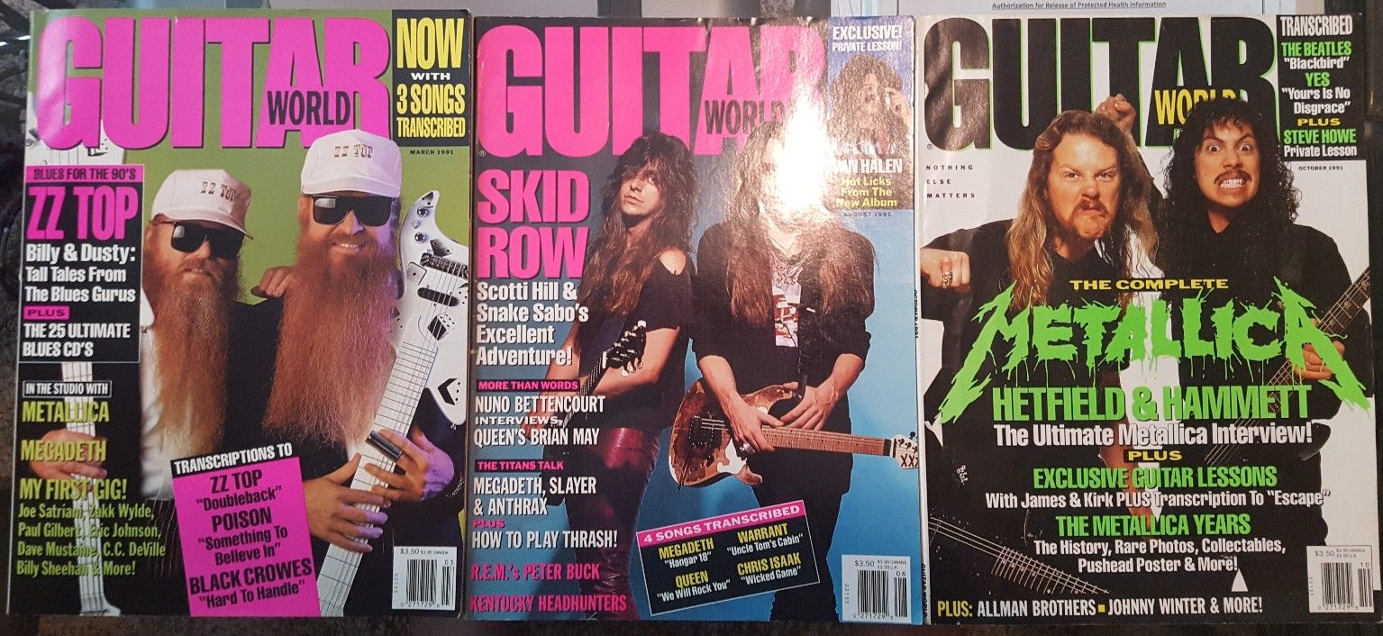 3 Guitar World Magazines: 1991 ZZ TOP, SKID ROW, METALLICA