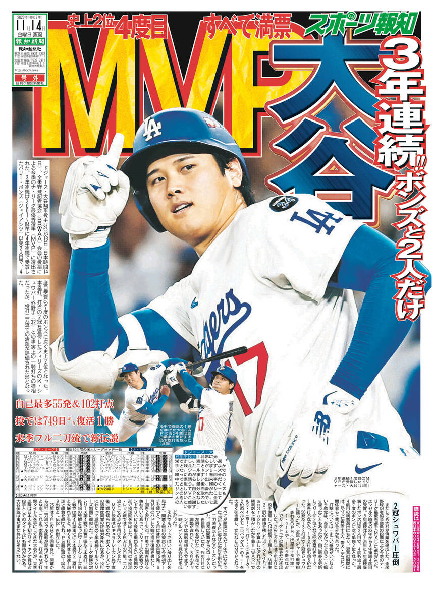 号外発行】大谷翔平の3年連続4度目MVPを記念してスポーツ報知が
