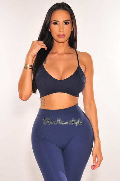 Navy Ribbed Seamless Spaghetti Straps V Neck Crop Top – Hot Miami