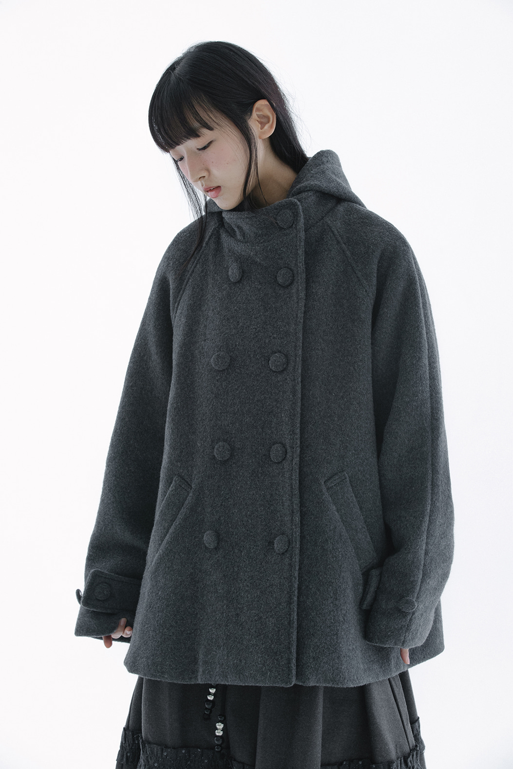 Hooded half coat (Charcoal) | hug your skin