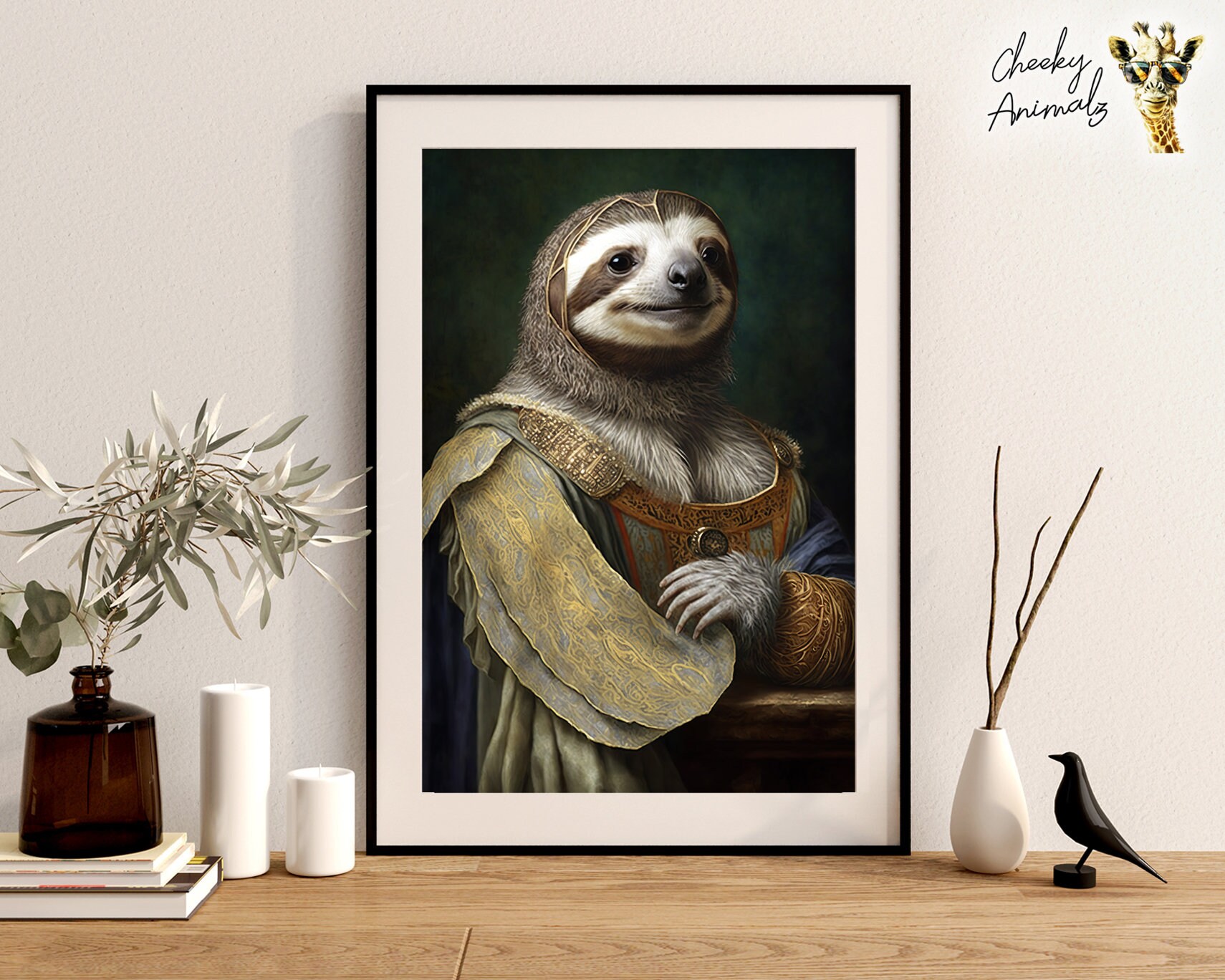 貴族のナマケモノのルネサンス肖像画：愉快な動物アート（デジタル