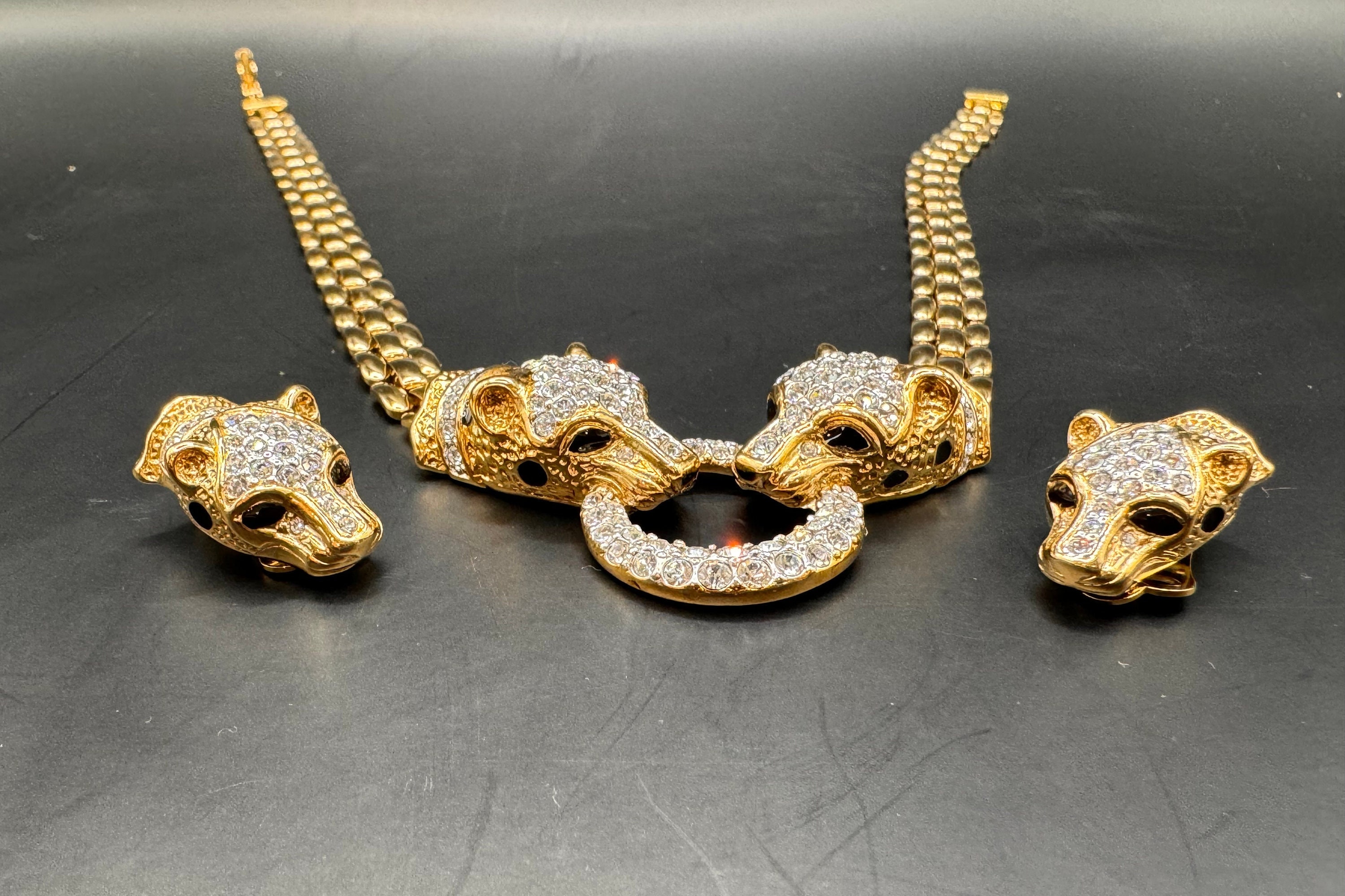 Vintage Attwood and Sawyer Panther Necklace and Earrings, 22kt