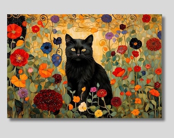 グスタフ・クリムト、庭の黒猫 ウォールアート プリント ポスター 額
