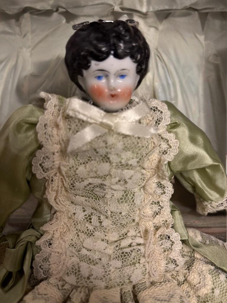 Antique 1890s China Head Doll – Original Cloth Body, Green Satin