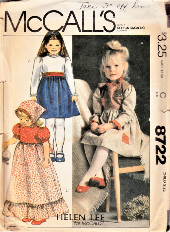 80s Girls Prairie Dress Sewing Pattern, Mccalls 8722, Size 5 - Etsy