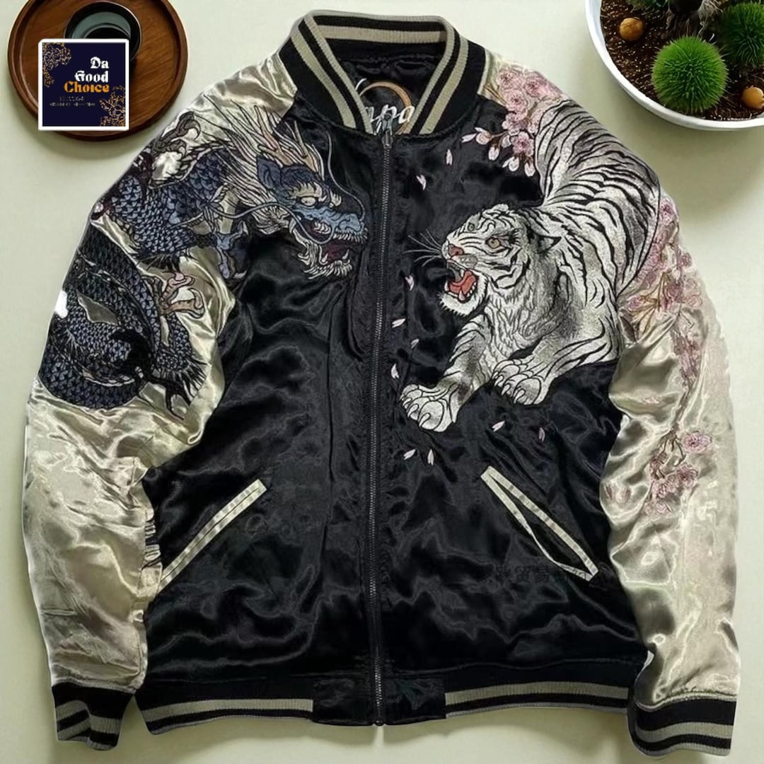 Vegan Sukajan Jacket With Phoenix Embroidery, Minimalist Japanese